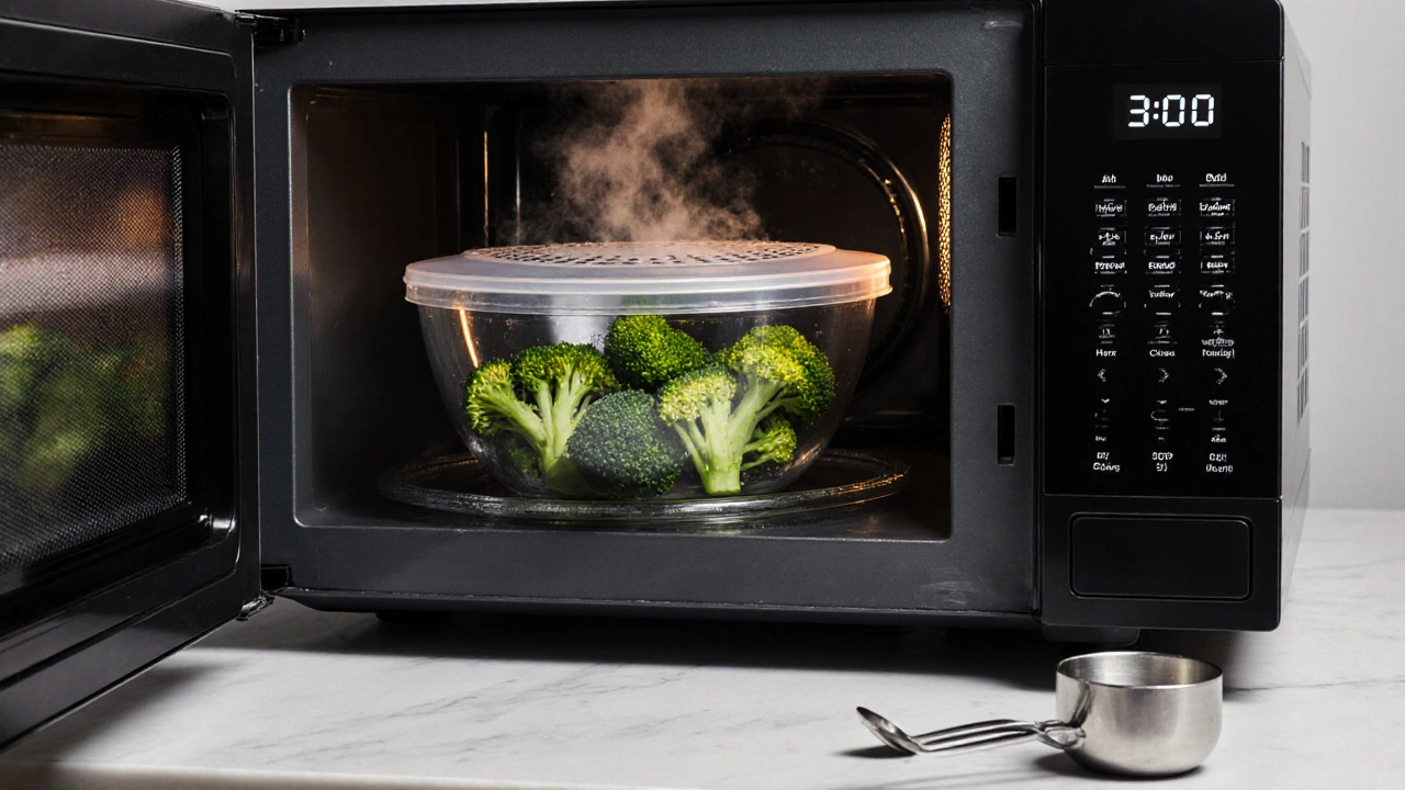 Брокколи в микроволновке, готовится в стеклянной миске под крышкой с паром.