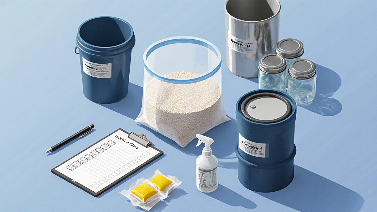 Иллюстрация упаковки: герметичные контейнеры, пакеты с силикагелем, чек‑лист и санитарный спрей.