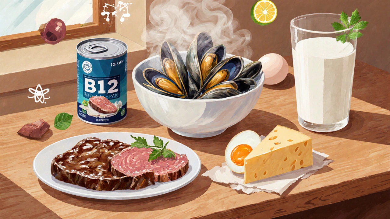 Набор продуктов, богатых витамином B12: печень, мидии, тунец, яйца, сыр и кефир.