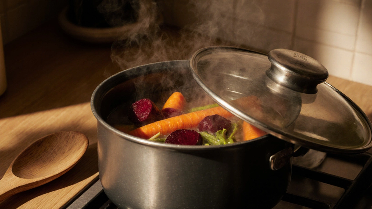 Овощи варятся в малом количестве воды в кастрюле с закрытой крышкой.