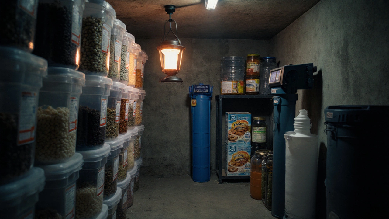 Подвал с запасом пищи: 20‑литровые ведра с рисом и бобами, банки мёда, бутылки воды, лампа.