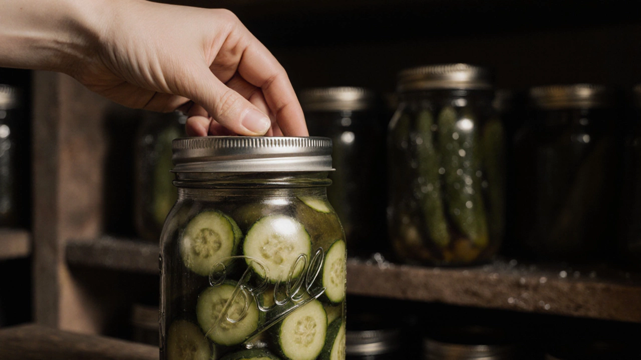 Руки женщины проверяют герметичность крышки банки с огурцами в тёмной кладовой, другие банки на полках позади.