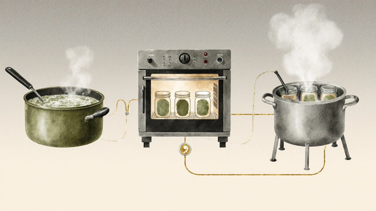 Три метода стерилизации банок: кипячение, духовка и пар — изображены символически водяными мазками, соединённые золотой нитью.