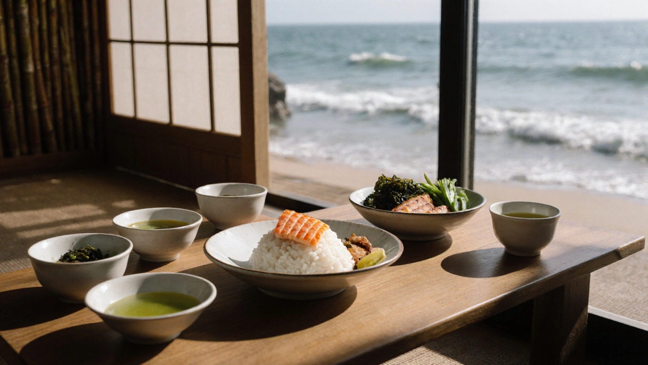 Японская тарелка с рисом, рыбой и зеленым чаем в минималистичной обстановке