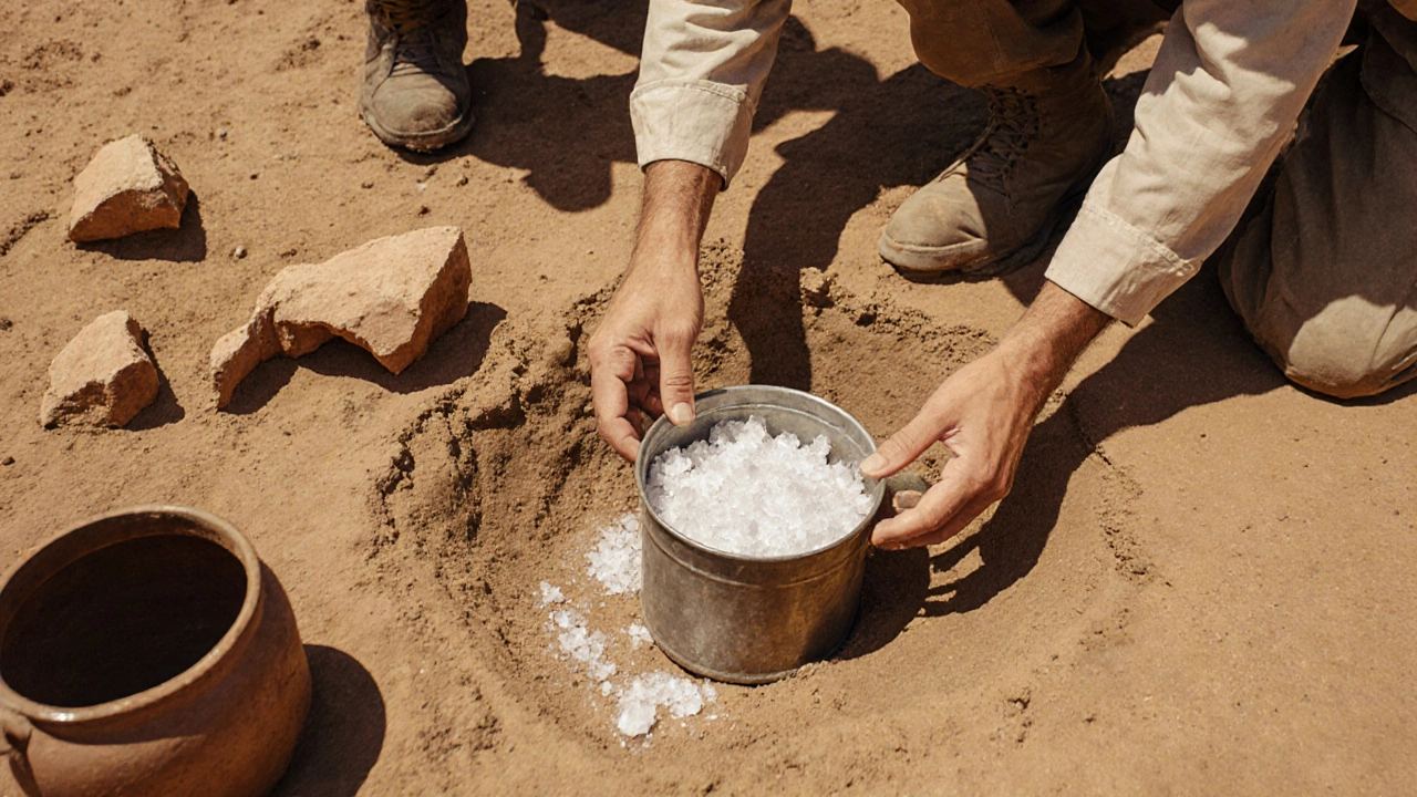 Археологи раскрывают герметичный контейнер с солью на раскопках.