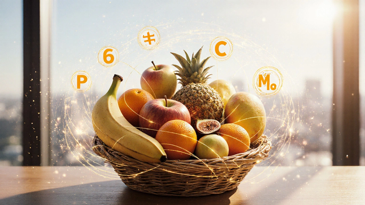 Яркая фруктовая корзина с излучающими энергии фруктами.