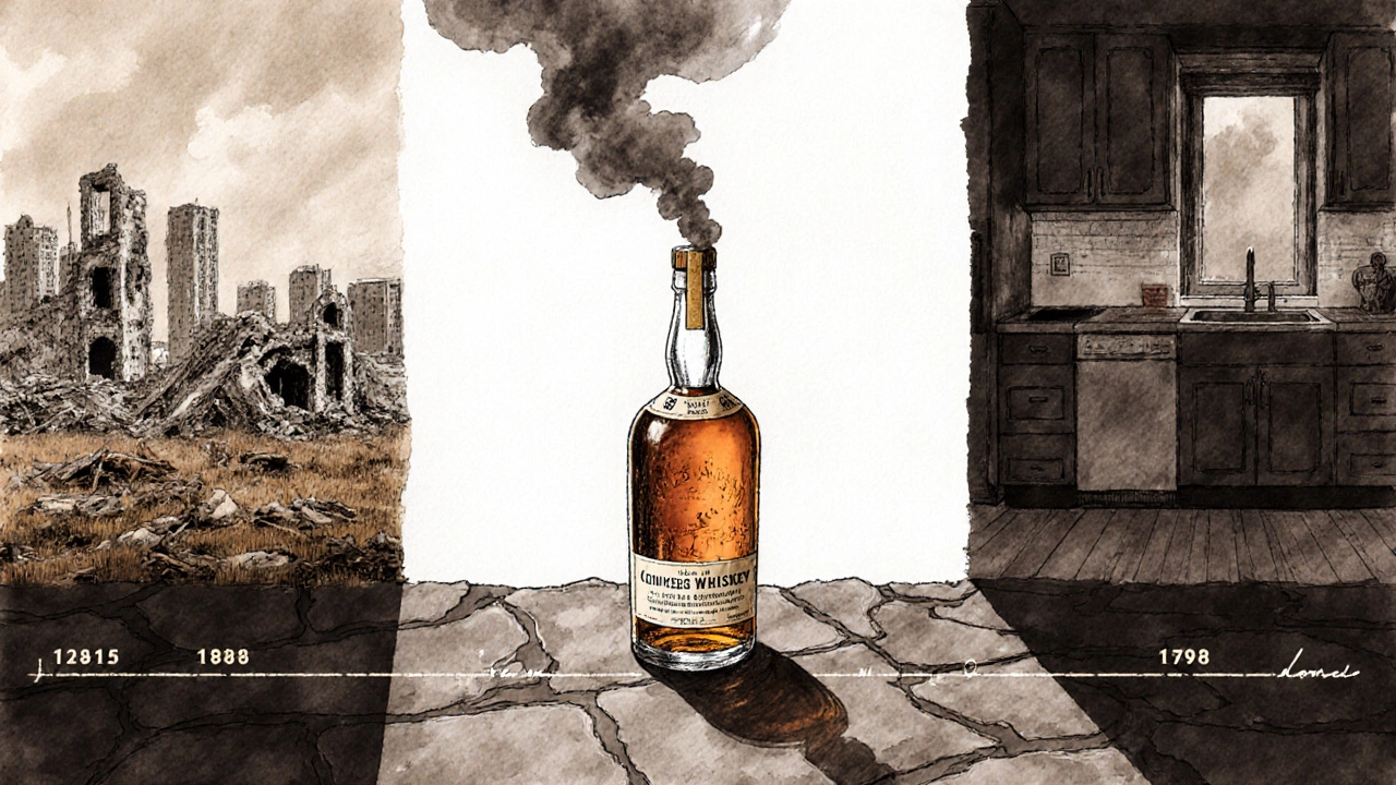 Бутылка виски 1880 года на каменном полу, вокруг неё — прошедшие эпохи в тенях.
