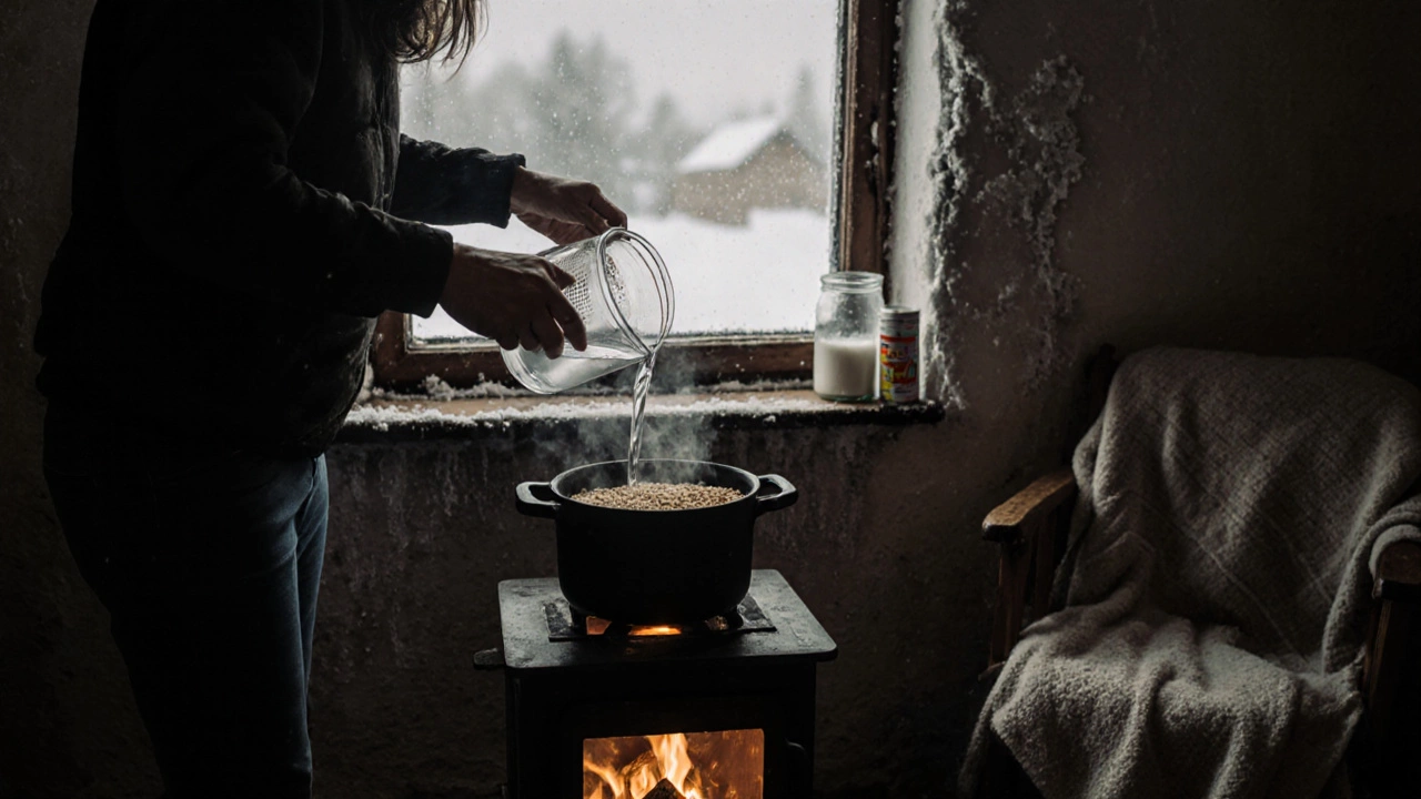 Человек готовит гречку на костре в холодной комнате, рядом стоят соль и сухое молоко.