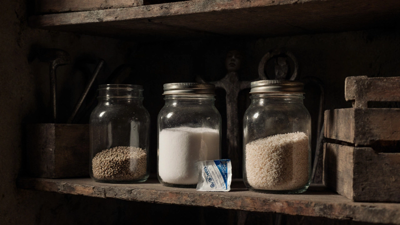 Деревянная полка в подвале с герметичными банками соли, сахара и риса в тусклом свете.