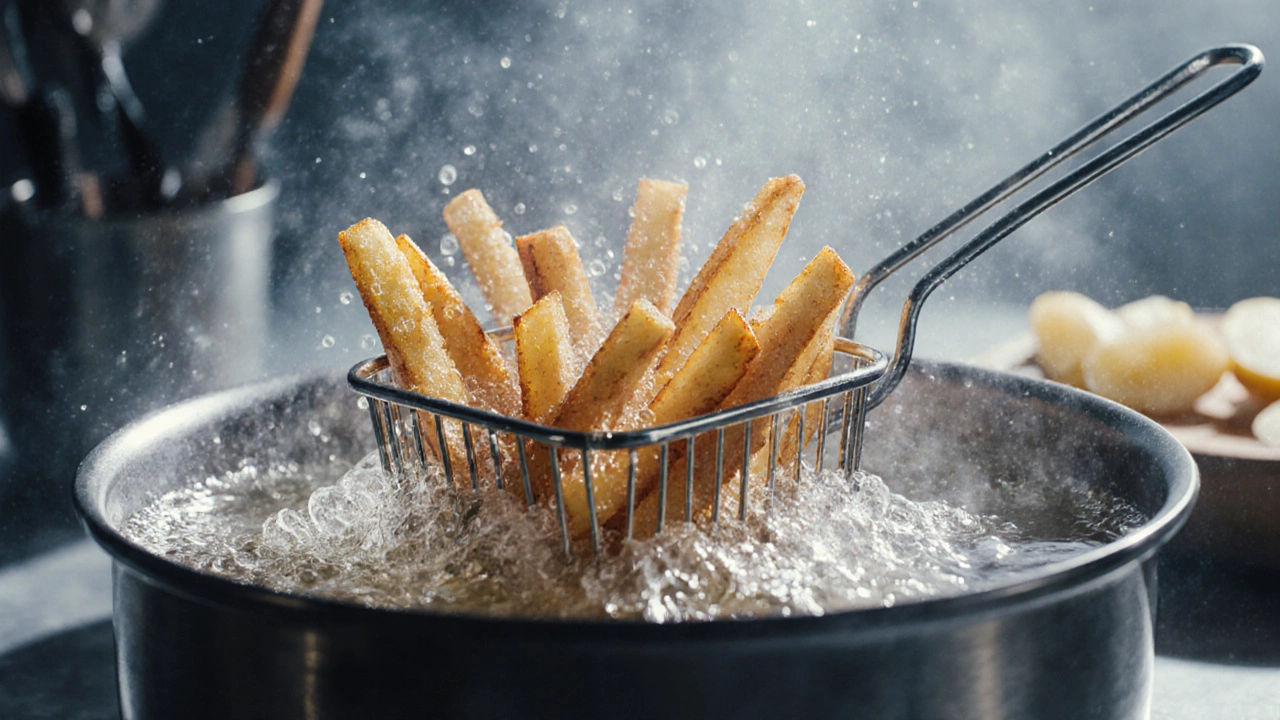 Глубокая жарка картофеля фри в горячем масле с пузырьками
