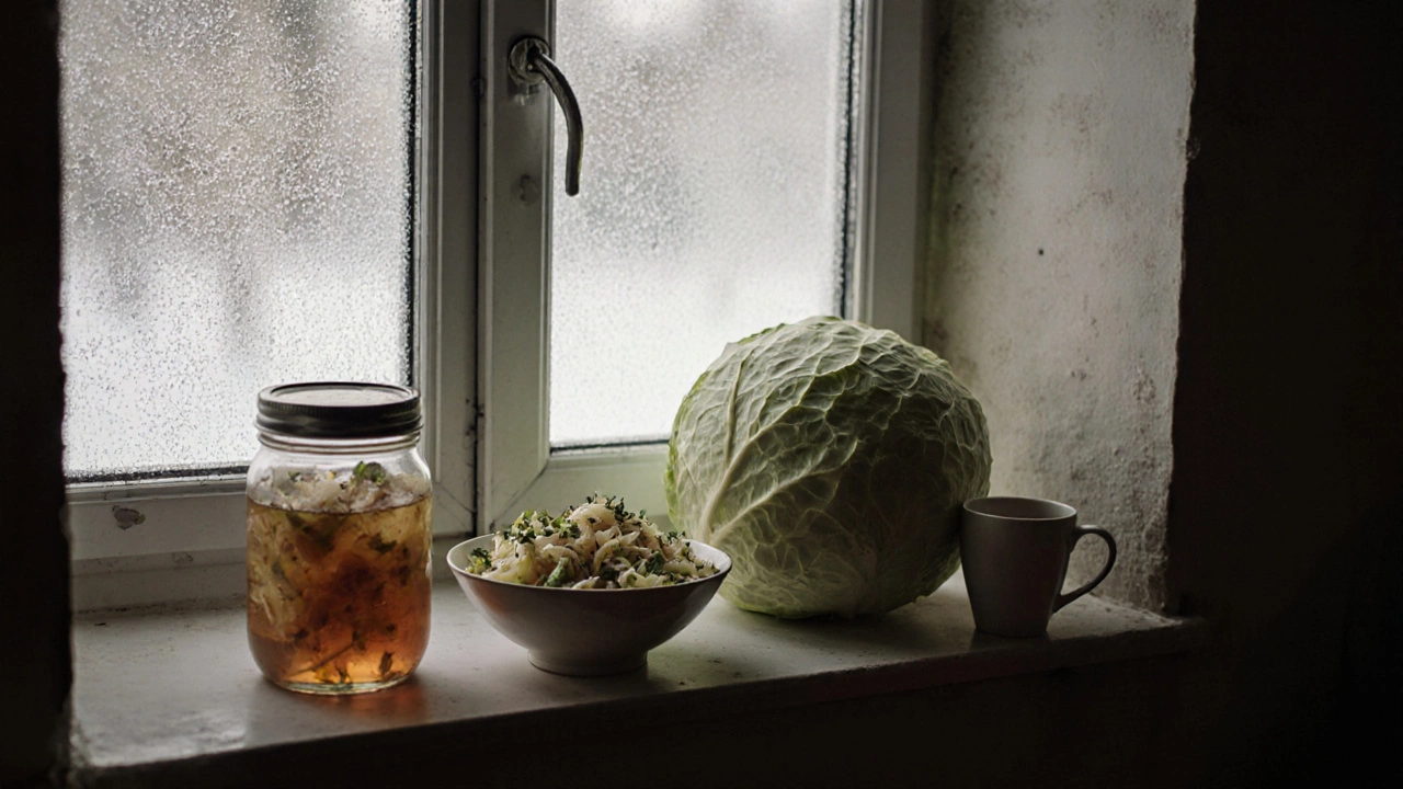 Капуста и квашеная капуста на подоконнике зимней русской кухни