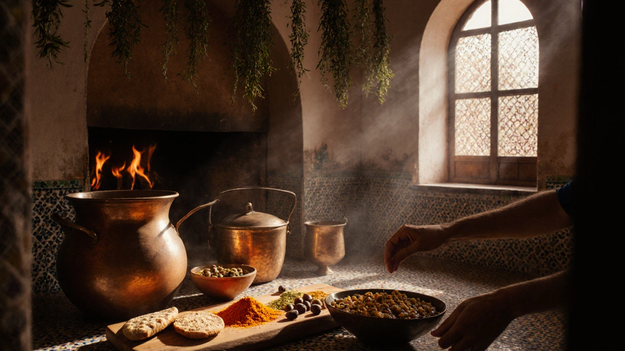 Марокканская кухня с специями, хлебом и чечевичным супом