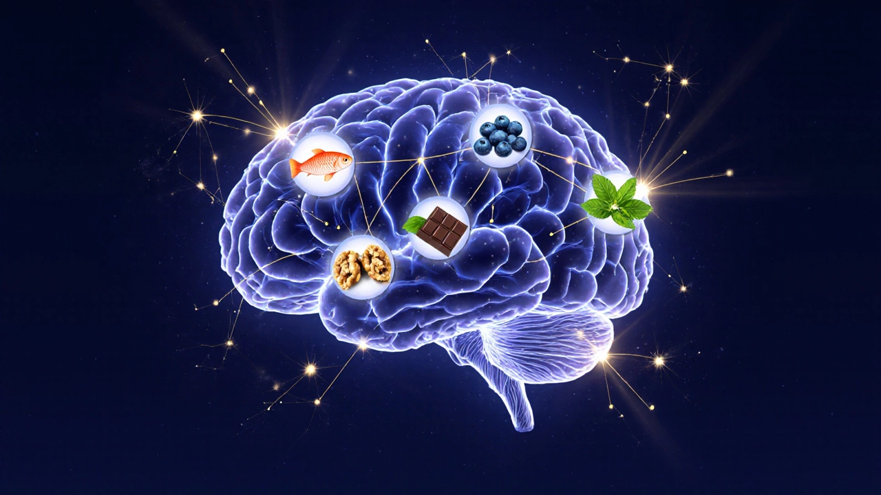 Мозг с нейронными связями, внутри которых плавают продукты, улучшающие когнитивные функции.