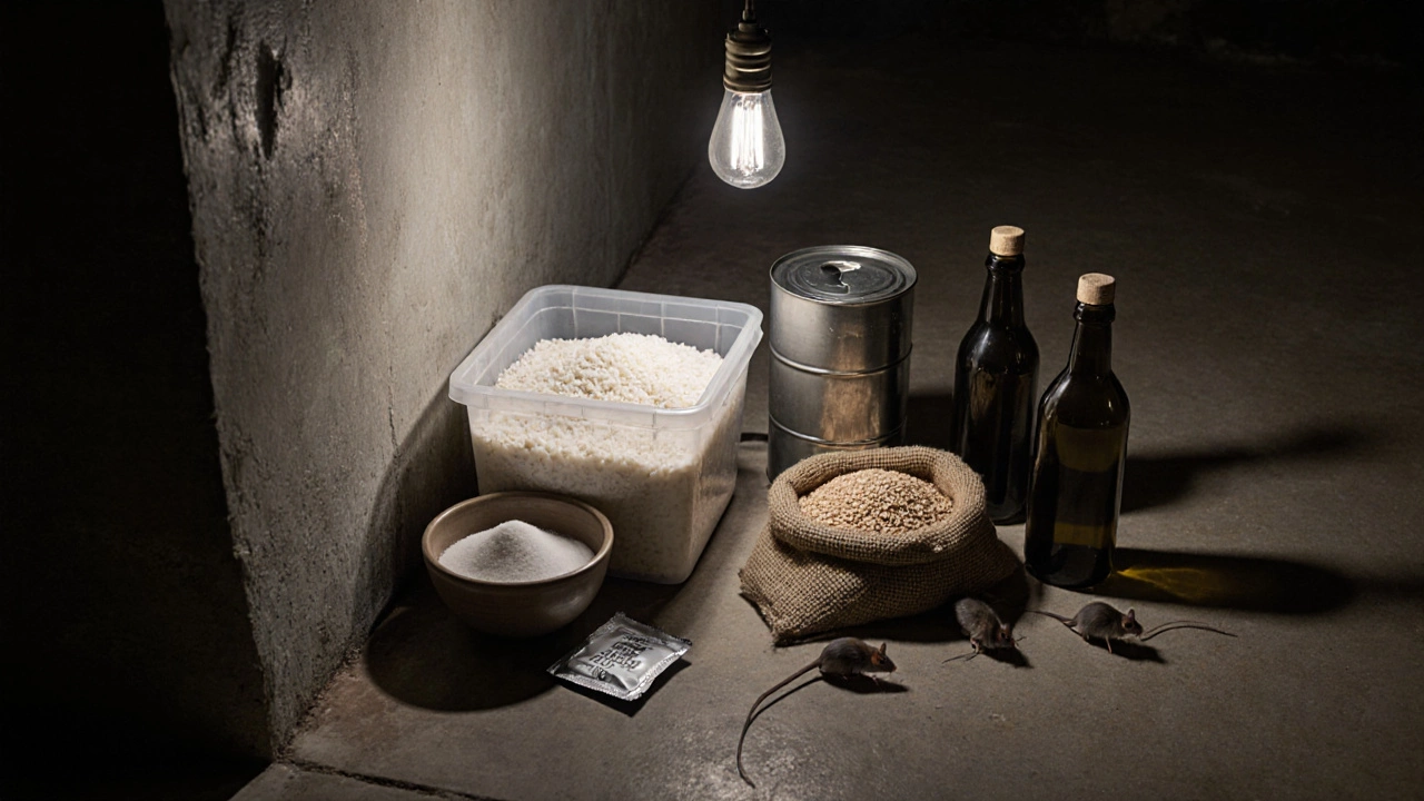 Набор продуктов для выживания хранится в подвале: рис, соль, молоко, гречка и масло в герметичной упаковке.