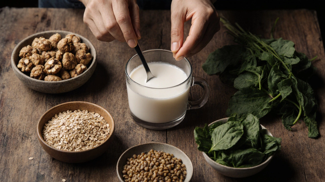 Пять простых продуктов — орехи, кефир, гречка, шпинат, чечевица — на деревянной поверхности.