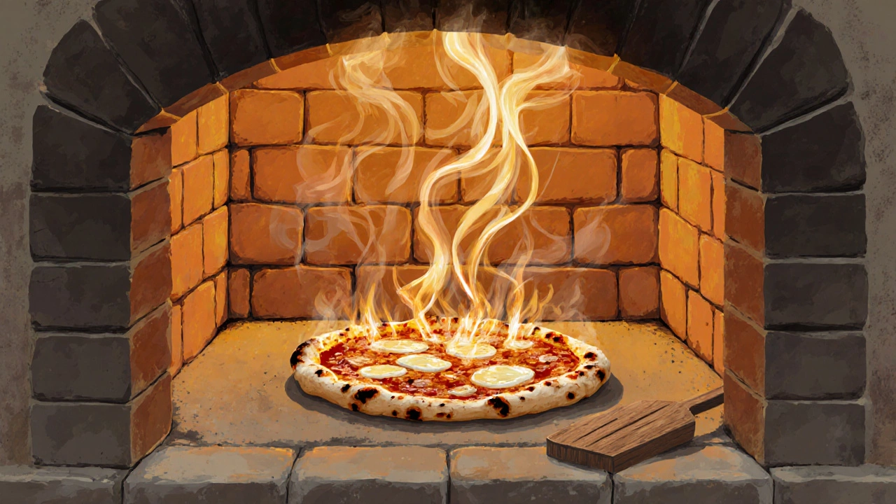 Пицца на кирпичной печи с пузырящимся тестом и дымом