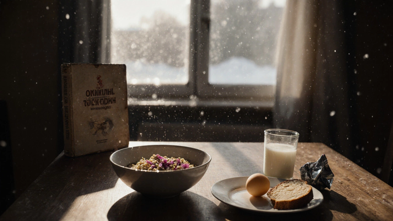 Простой русский завтрак из гречки, яйца и кефира на фоне утреннего света