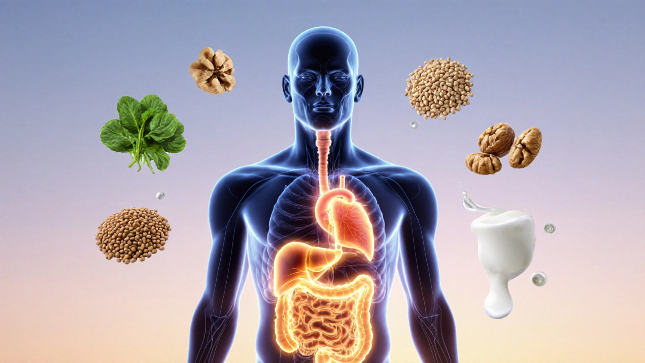 Прозрачное тело с внутренними органами, светящимися от полезных продуктов: зелень, бобовые, орехи, кефир, гречка.