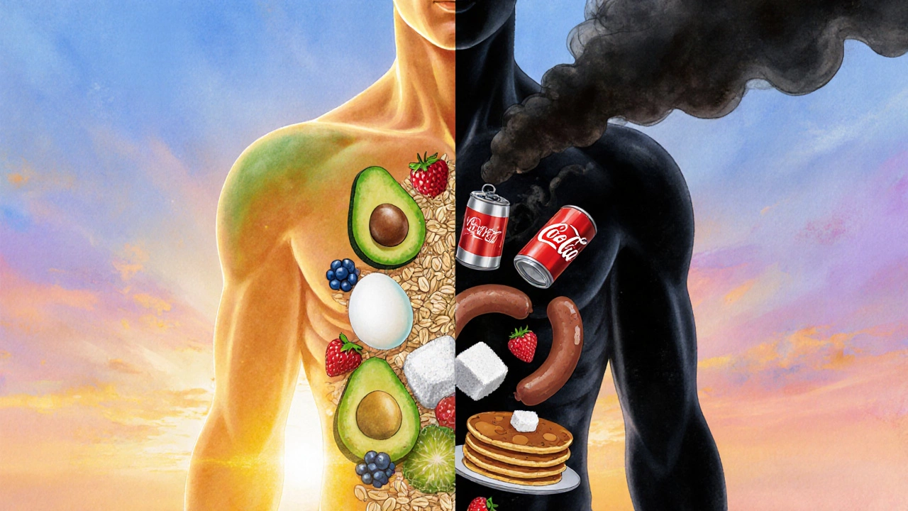 Разделённое тело: одна сторона — здоровая еда, другая — вредные продукты.