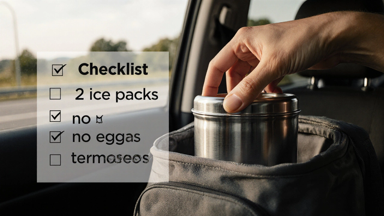 Рука упаковывает еду в термосумку с чек-листом безопасных продуктов