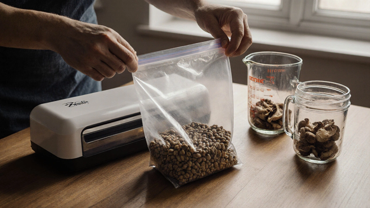 Рука запечатывает вакуумный пакет с сушёными бобами, рядом стеклянные банки и грибы.
