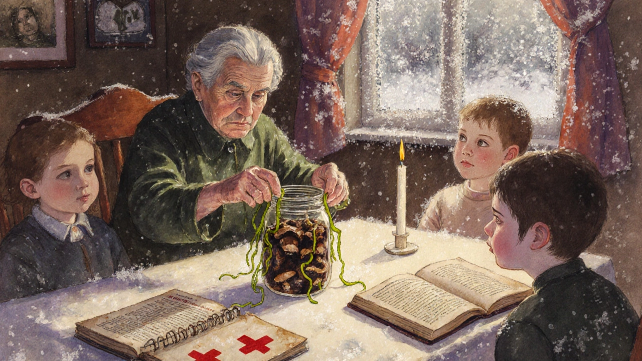 Семья за обеденным столом, бабушка открывает банку с грибами, дети смотрят, за окном зима, на столе старая книга и современный справочник по безопасности.