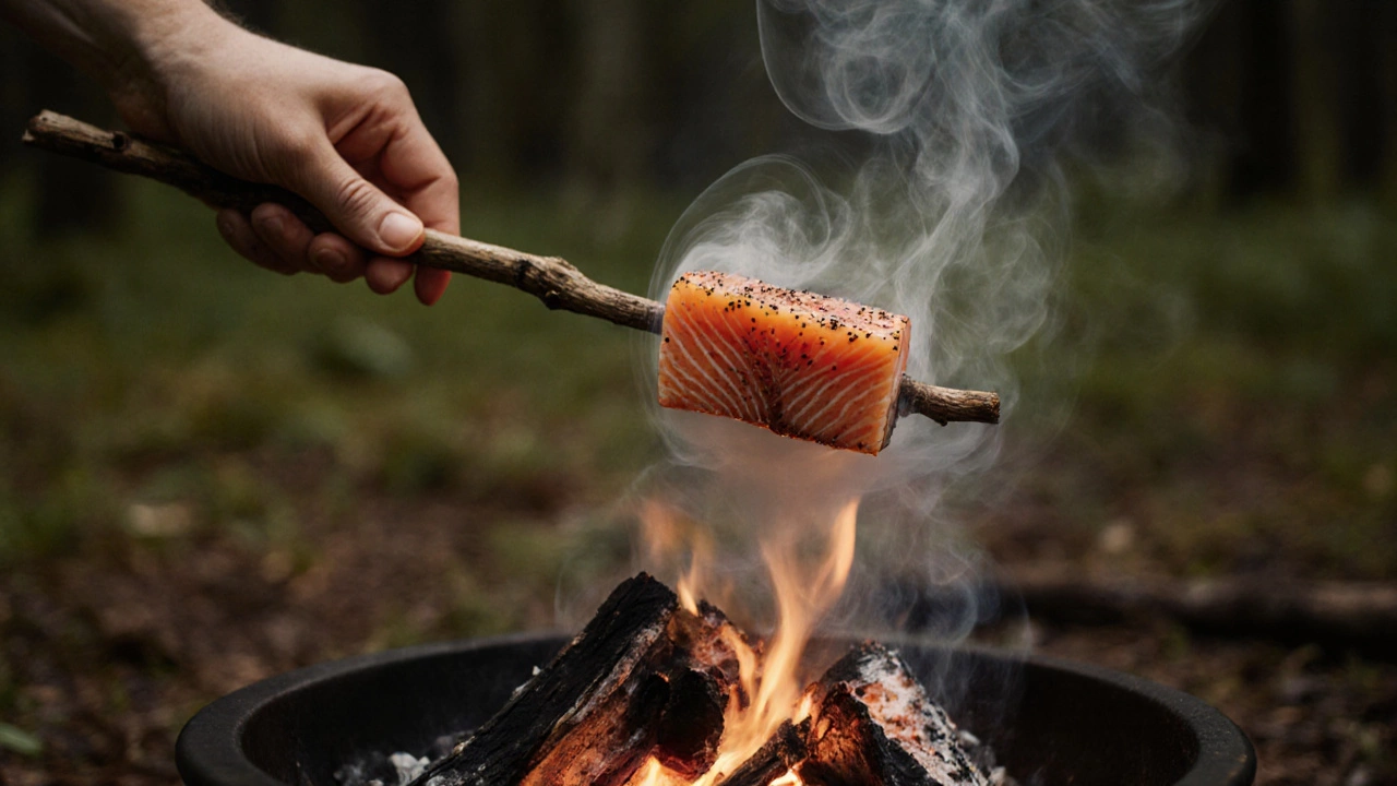Семга на палке над углем, окутанная легким дымом