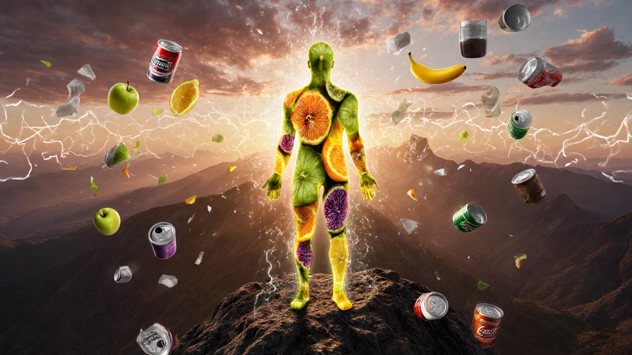 Силуэт человека, наполненного фруктами, на горе на рассвете.