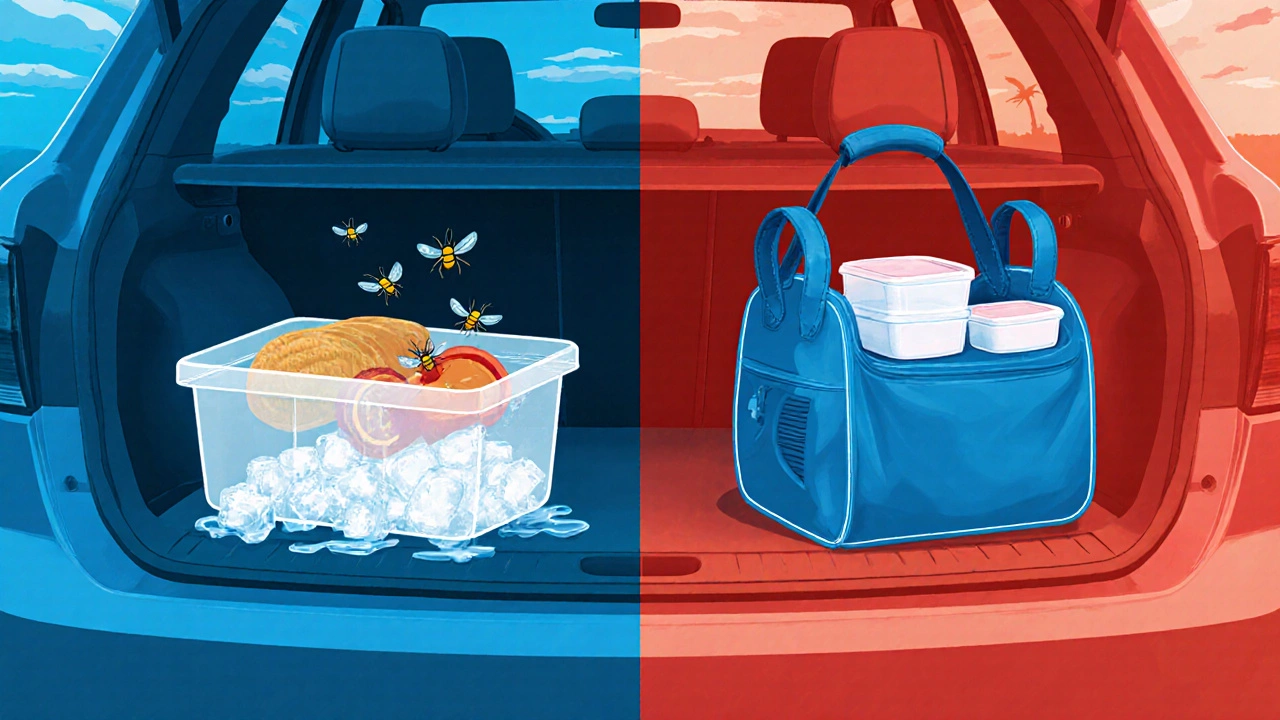 Сравнение безопасной и опасной упаковки еды в автомобиле летом