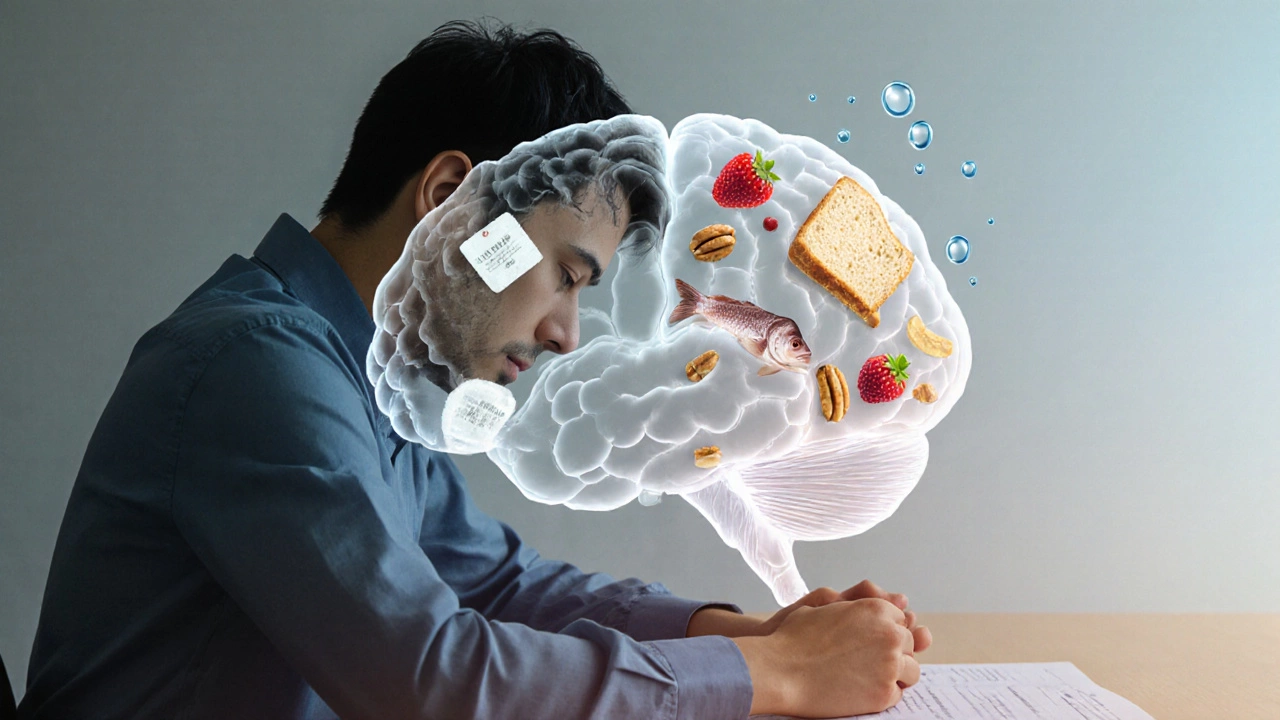 Сравнение тусклого и яркого мозга: слева — сахар и белый хлеб, справа — рыба, орехи и ягоды.