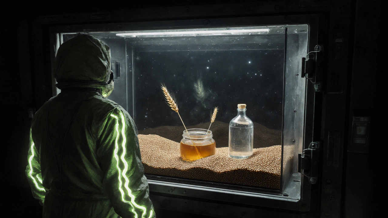 В будущем археолог рассматривает древние продукты в защитной камере.