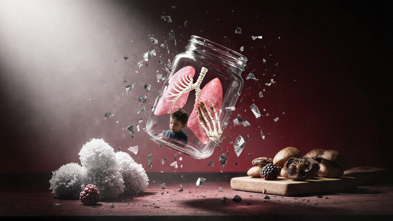 Взрывающаяся банка с внутри — бактериями, парализованным легким и рукой ребенка, на фоне замороженных ягод и сушеных грибов.