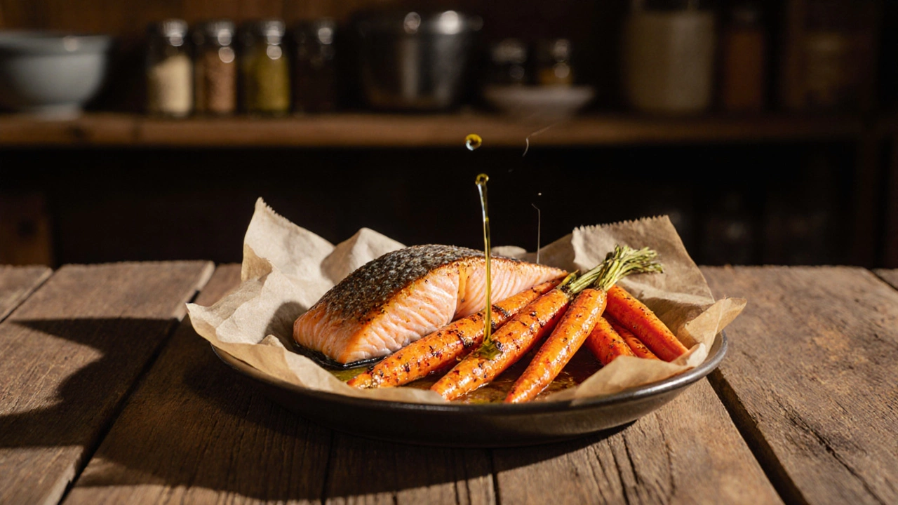 Запеченная рыба и морковь на керамической тарелке с оливковым маслом