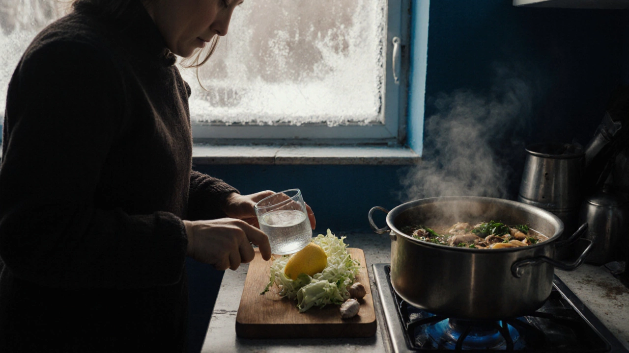 Женщина наливает воду с лимоном, нарезает капусту и чеснок, на кухне в зимнем Казани, пар поднимается от супа.