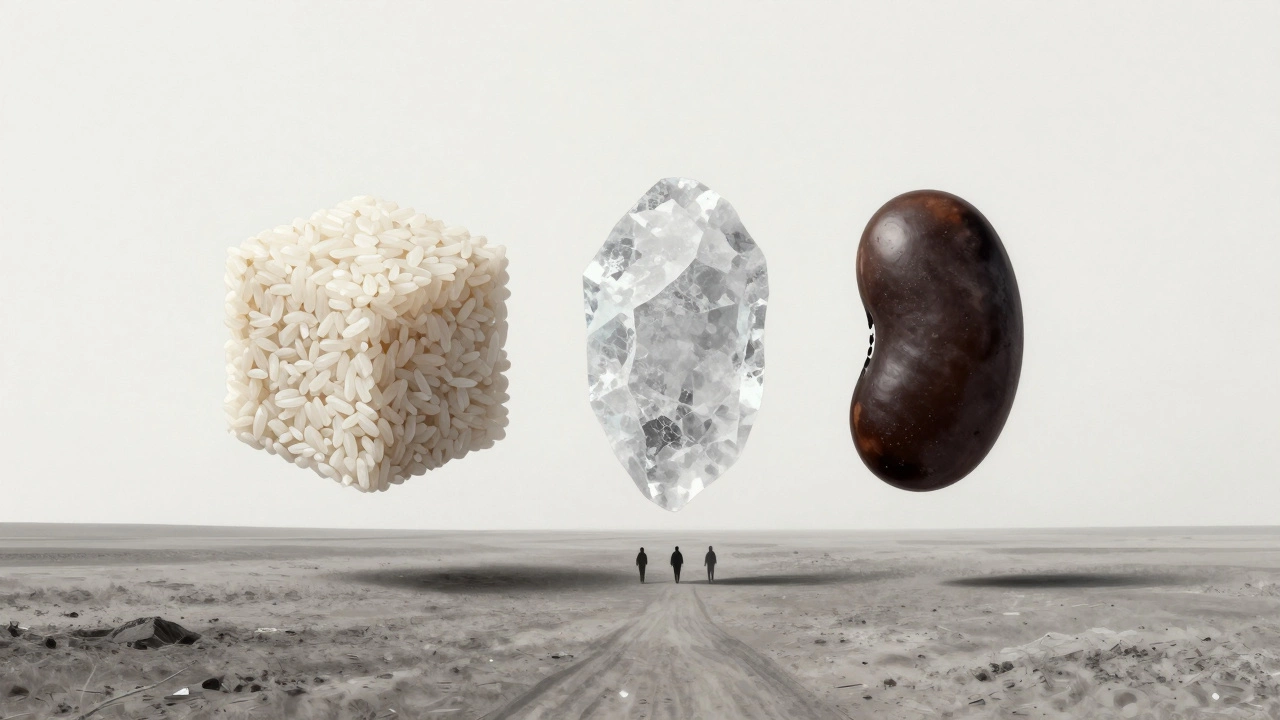 Абстрактное изображение риса, соли и фасоли как символов выживания.