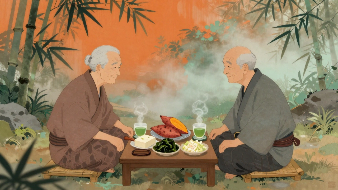 Японские долгожители из Окинавы едят сладкий картофель, тофу и морскую капусту в тихой, уютной обстановке.