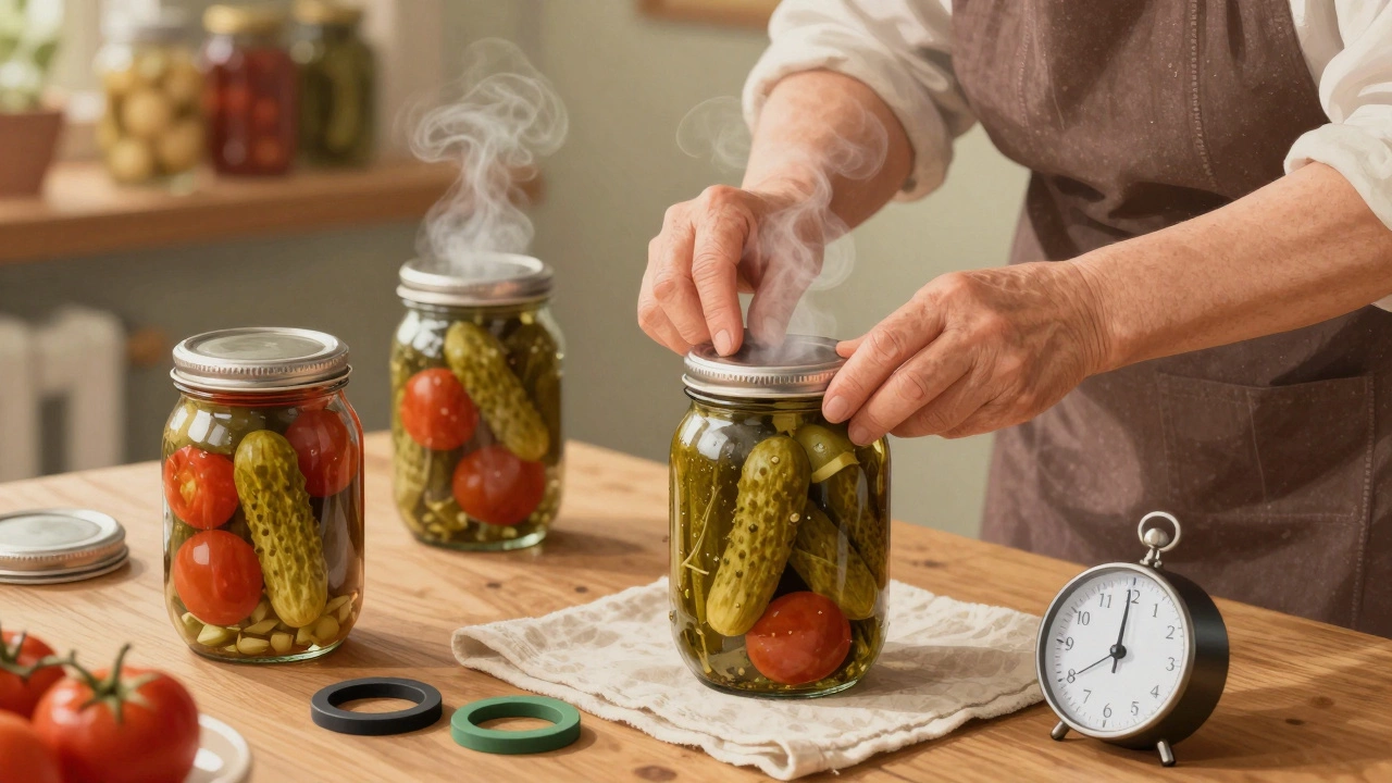 Бабушка закатывает консервы, кладёт стерилизованные крышки на банки с огурцами.