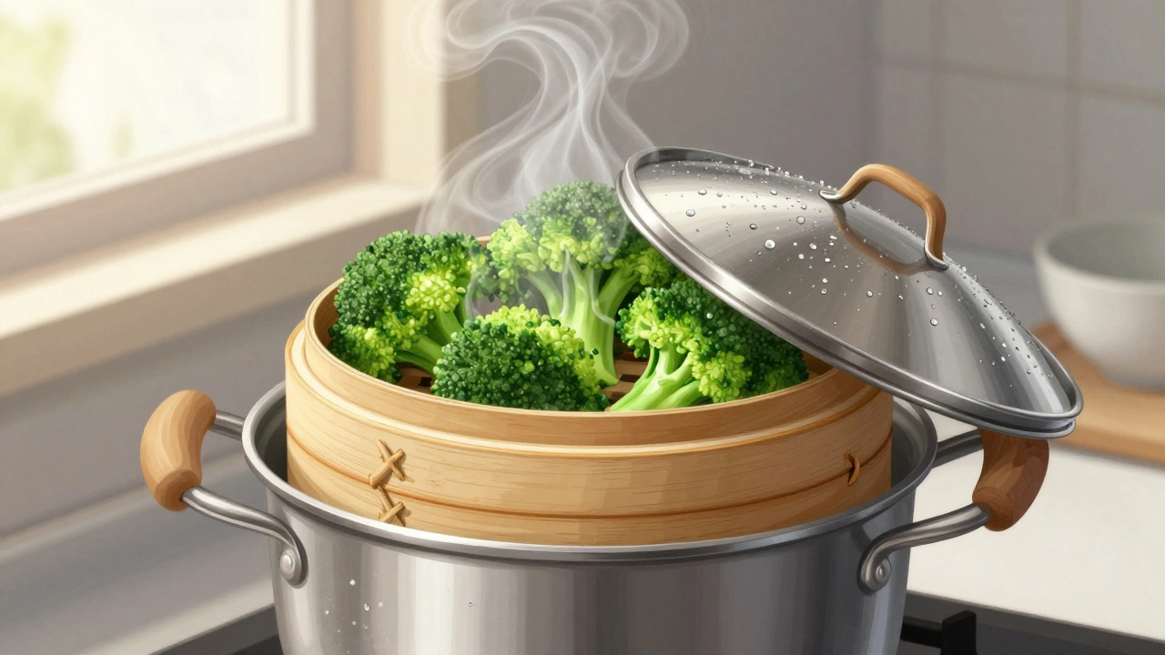 Брокколи готовится на пару в бамбуковом пароварке, пар поднимается вверх.