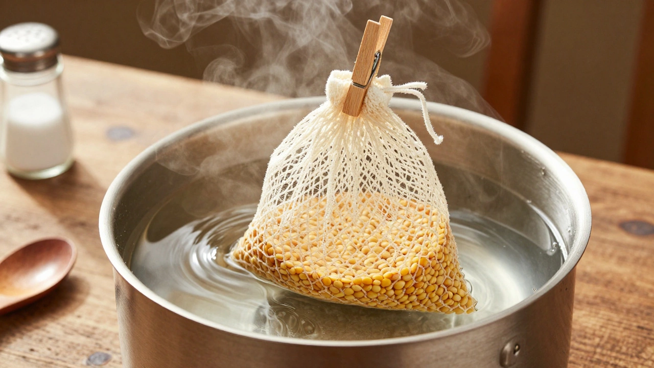 Чечевица в хлопковом мешочке варится в кипятке, мешочек держится деревянным зажимом.