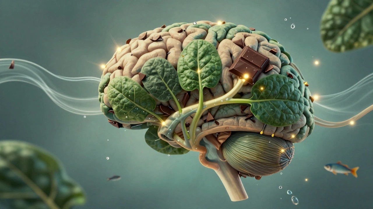 Человеческий мозг с нейронными путями из шпината, каплями воды и плавающими рыбками, в золотисто-бирюзовом стиле.