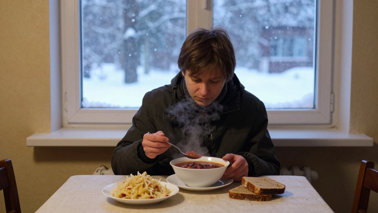 Человек ест борщ с квашеной капустой зимним вечером в окружении снежного пейзажа за окном