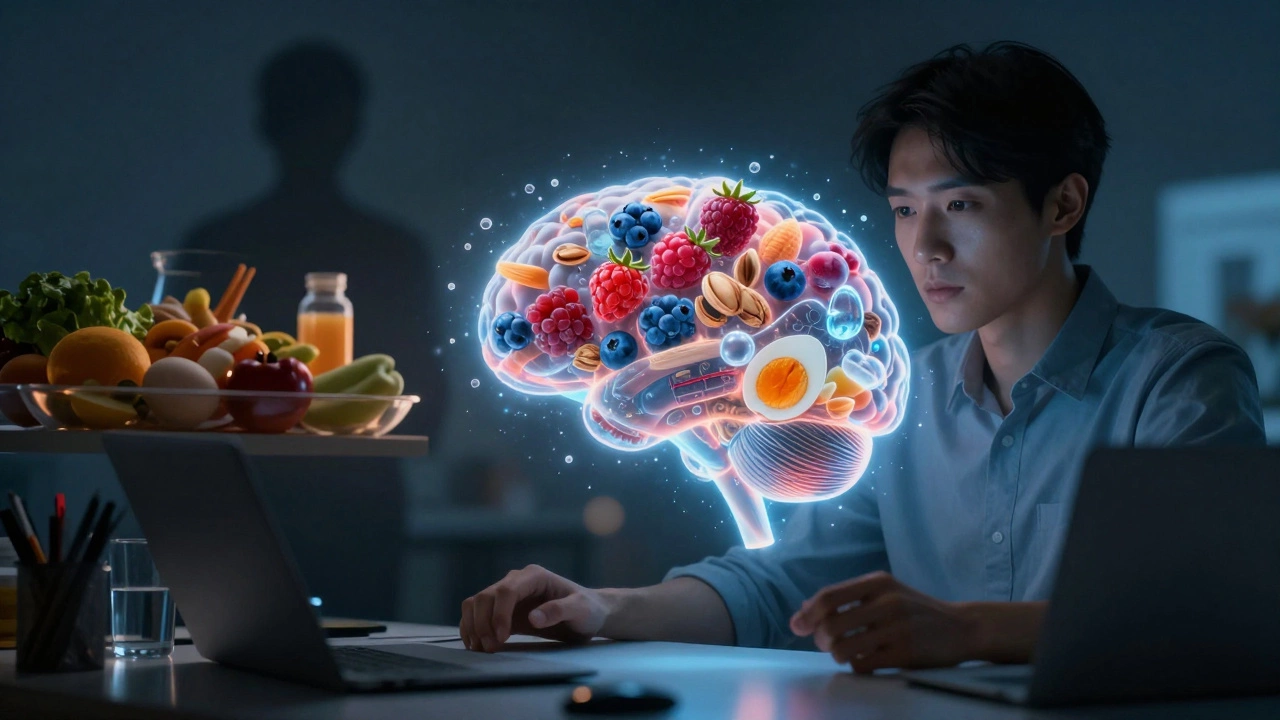Человек сосредоточен за столом, его мозг светится полезными продуктами, а позади — тень вредной еды.