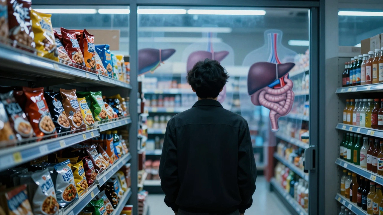 Человек в супермаркете смотрит на упакованные продукты, за ними — силуэты повреждённых органов.