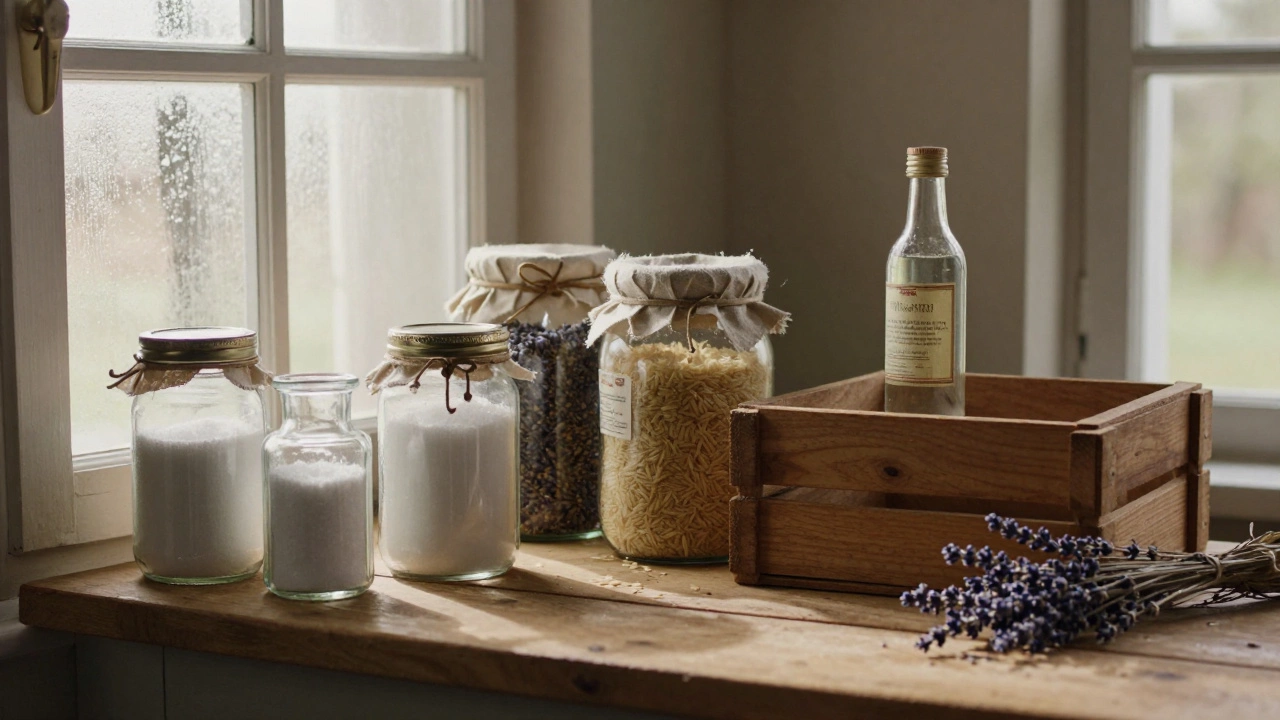 Деревенская полка с банками соли, сахара, риса и чистого спирта в русской кухне начала XX века.