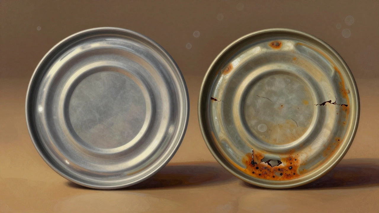 Две крышки: одна чистая, другая с ржавчиной, на фоне видны бактериальные споры.