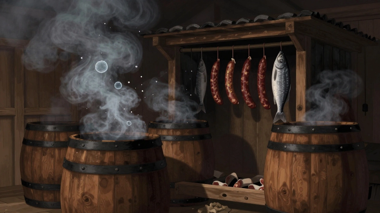 Дымовая коптильня с колбасами и рыбой, из которой исходят канцерогенные частицы.