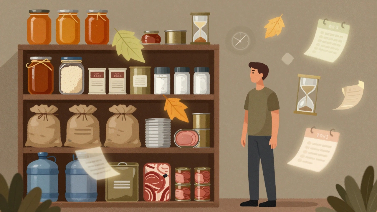 Фигура стоит у полки с продуктами для выживания, вокруг — символы времени: песочные часы, опадающие листья, исчезающие календари.