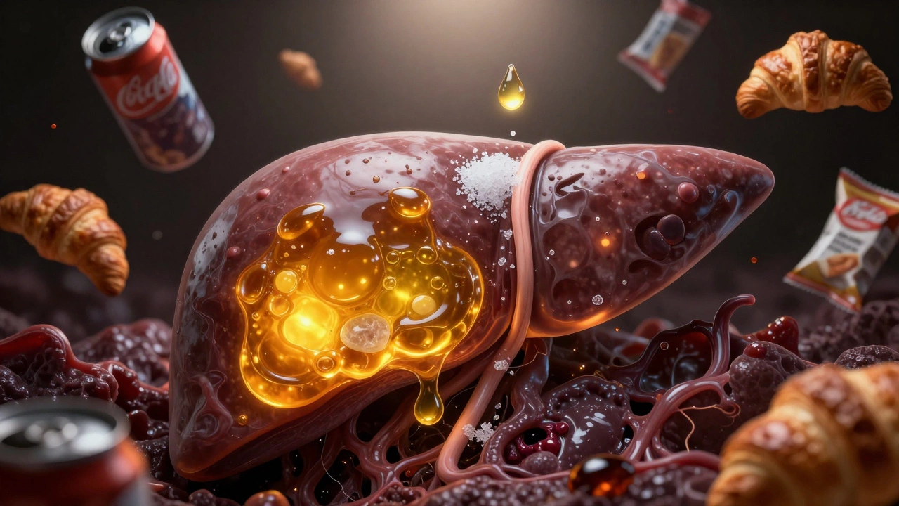 Гиперреалистичная печень с жировыми отложениями, капля сахара падает на неё, вокруг — следы переработанных продуктов.