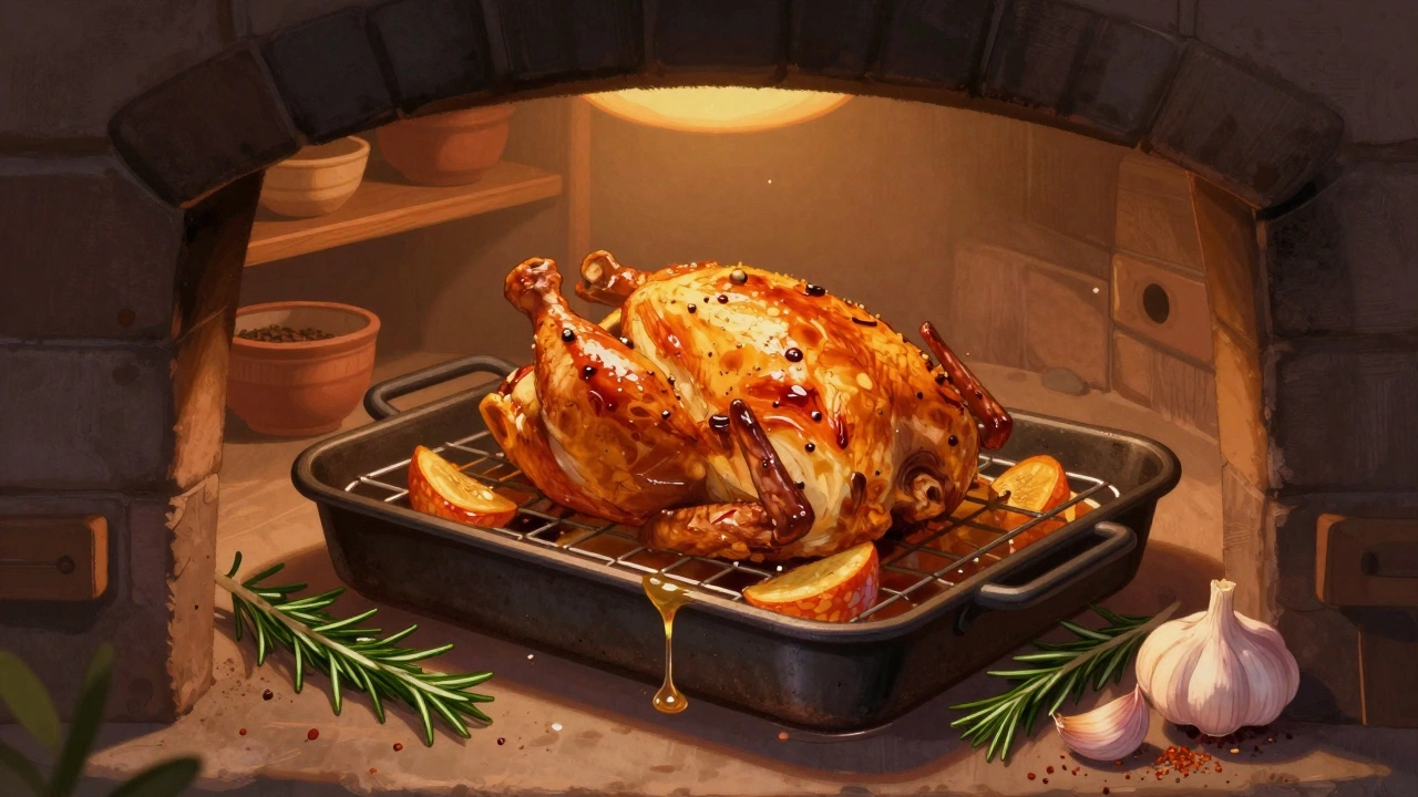 Курица и корнеплоды запекаются в духовке на решетке, без масла, с травами.