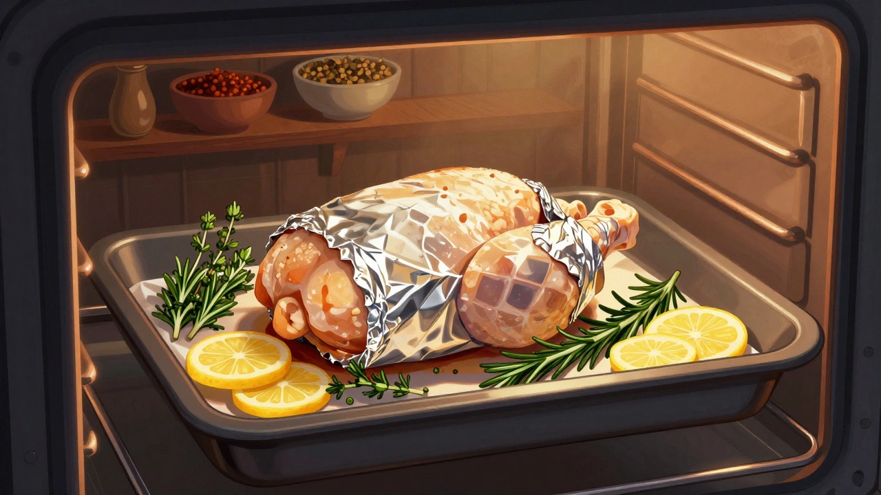 Куриная грудка в фольге с лимоном и травами, готовящаяся в духовке, тёплый свет изнутри.